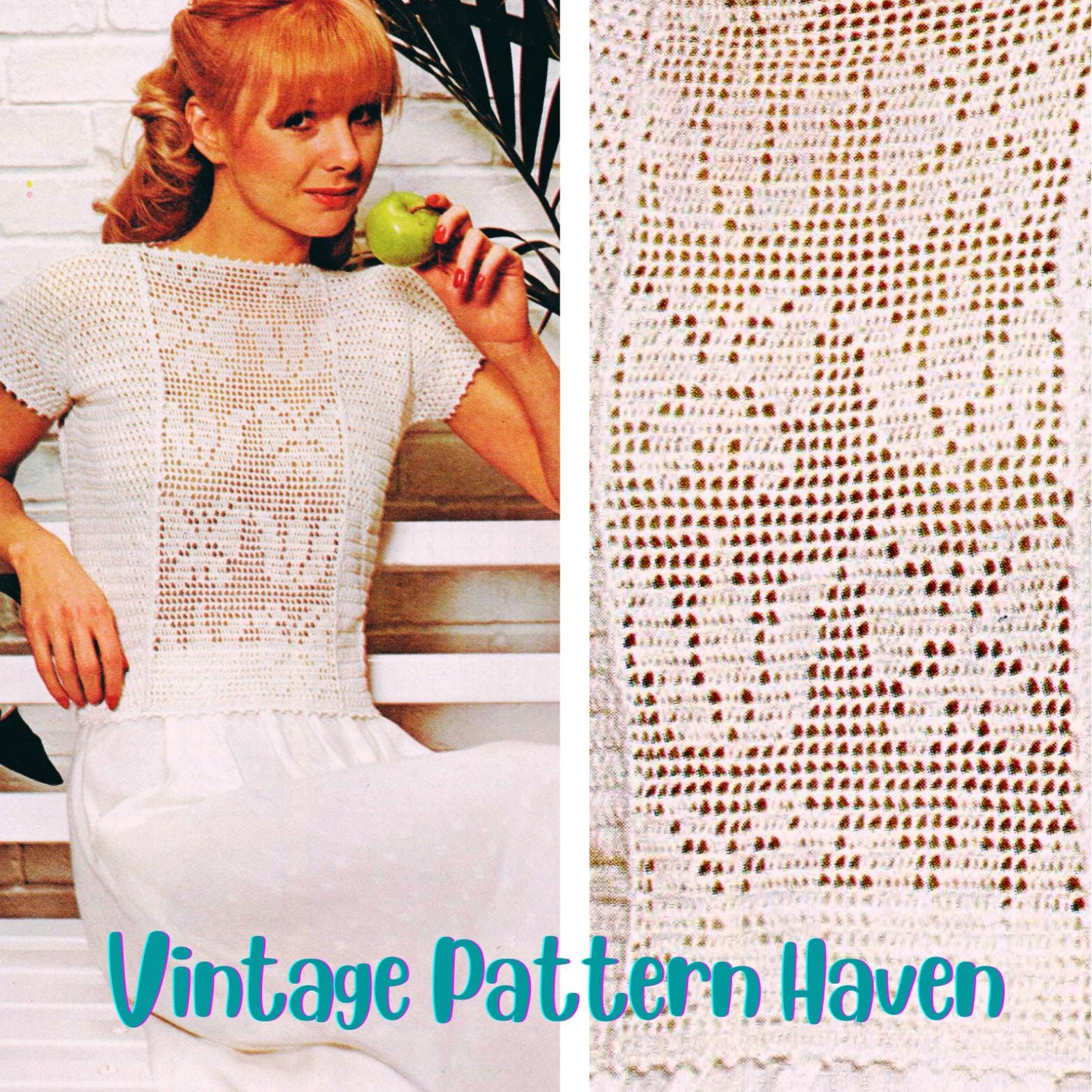 Vintage Filet Crochet Top Pattern PDF | Retro Summer Tee With Butterfly ...