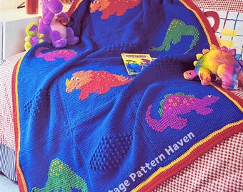 Vintage Dinosaur Blanket Crochet Pattern – Bold Afghan Stitch & Puff Stitch Design, Colorful Kids Throw 45&quot;x60&quot;, Unique Crochet Gift