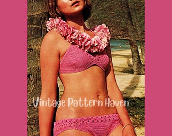 Vintage Crochet Bikini Pattern PDF | Boho Swimsuit Top & Bottom | Retro 70s Style DIY Swimwear | Festival Beachwear | Size 34 Bust