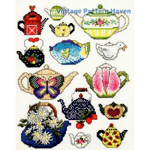Vintage Teapot Cross Stitch Pattern PDF – 25 Charming Teapot Designs – Counted Cross Stitch Motifs for Tea Lovers, Gifts & Craft Projects