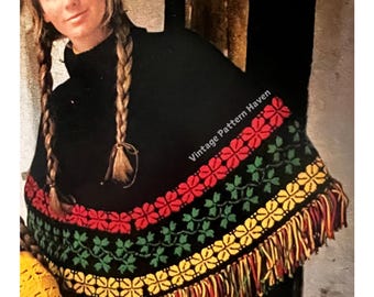 Vintage 1970s Colorful Fair Isle Poncho Shawl & Skirt Knitting Pattern – Boho Hippie Festival Outfit with Fringe – Retro DIY Knitting