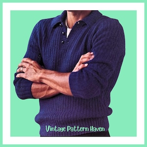 Vintage Mens Sweater Knitting Pattern PDF, Shirt Style Knit with Collar, Button Front Pullover, Smart Casual Ribbed Sweater