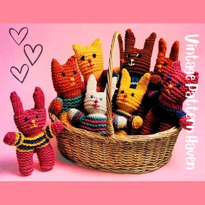 May include: A collection of knitted bunny rabbits in a wicker basket, with one bunny standing outside the basket. The bunnies are various colors, including pink, orange, yellow, and brown, and some wear striped sweaters. The image has the text "Vintage Pattern Haven".