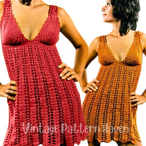 Boho Crochet Beach Dress Pattern PDF – 70s Sundress, Zigzag Hem, Bikini Cover Up, Deep V Neck, Sleeveless Summer Dress, Sizes 32–36 Bust