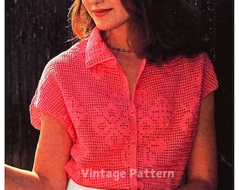Vintage Filet Crochet Pattern PDF – Elegant Floral Blouse, Short Sleeve Top with Collar, Experienced Crochet, Lace Crochet Shirt