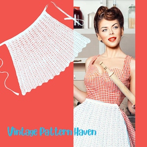 May include: A white, open-weave apron with a scalloped edge and tie strings. The apron is displayed against a red background. The text "Vintage Pattern Haven" is at the bottom of the image.