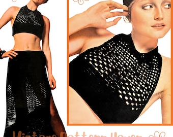 Wzór na zestaw szydełkowy filet vintage – top halter, długa spódnica i opaska na głowę – strój boho festival – seksowna siateczka szydełkowa – top szydełkowy filet + spódnica