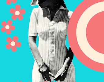 May include: A vintage knitting pattern for a white dress with a button-up front and short sleeves. The pattern is shown on a model wearing the dress. The background is a bright turquoise blue with pink flowers and a large pink and white circle.