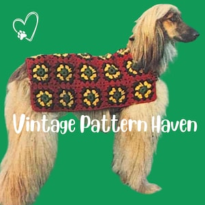 Vintage Crochet Pattern Granny Square Dog Coat – 1970s Retro Pet Jacket – Small Medium Large Dog Sweater – DIY Dog Clothes Pattern