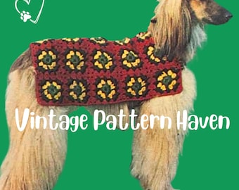 Vintage Crochet Pattern Granny Square Dog Coat – 1970s Retro Pet Jacket – Small Medium Large Dog Sweater – DIY Dog Clothes Pattern
