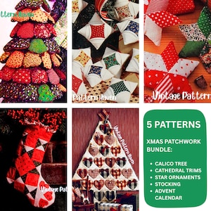 Peut inclure: Ensemble de patrons de patchwork de Noël. Comprend un sapin calicot, des ornements en étoile, une chaussette et un calendrier de l'Avent. Les motifs utilisent des tissus rouges, verts et blancs avec divers motifs.