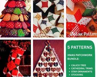 Vintage Christmas Patchwork Pattern Bundle PDF • 5 Easy DIY Sewing Projects • Stockings, Star Ornaments, Advent Calendar, Fabric Tree