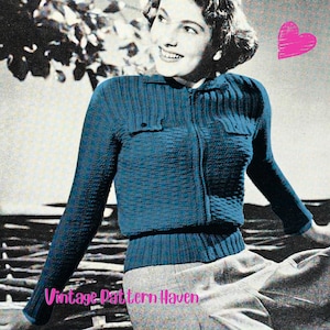 Modello PDF per cardigan anni '50, giacca corta in maglia con zip frontale, maglione retrò slim fit, top vintage con tasche applicate, modello per filato DK