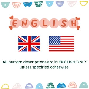 Może przedstawiać: Białe tło z kolorowymi, abstrakcyjnymi kształtami u g&oacute;ry. Słowo "ENGLISH" jest w r&oacute;żowych literach bąbelkowych z sercami. Flagi Wielkiej Brytanii i Stan&oacute;w Zjednoczonych znajdują się poniżej. Tekst brzmi: "Wszystkie opisy wzor&oacute;w są TYLKO w JĘZYKU ANGIELSKIM, chyba że określono inaczej."