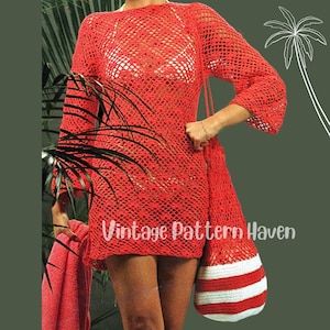 May include: A red crochet cover-up dress with long sleeves and a matching bag. The bag has red and white stripes. The text "Vintage Pattern Haven" is visible on the dress. The dress is a loose, open weave design.