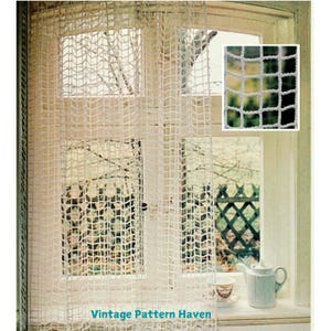 May include: A white crocheted curtain hangs in a window, with a close-up of the crocheted pattern in the upper right corner. The text "Vintage Pattern Haven" is at the bottom of the image.