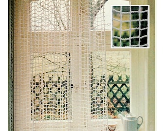 May include: A white crocheted curtain hangs in a window, with a close-up of the crocheted pattern in the upper right corner. The text "Vintage Pattern Haven" is at the bottom of the image.