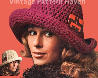 Vintage 1970s Crochet Hat Pattern – Two Wide Brim Floppy Hat Designs – Boho Hippie Style – Retro Sun Hat – Retro DIY Crochet Pattern