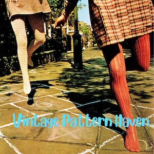 May include: Two people in vintage clothing play hopscotch on a sidewalk. The girl on the left is wearing a brown skirt and white tights. The girl on the right is wearing a plaid shirt and red tights. The text "Vintage Pattern Haven" is written on the sidewalk.