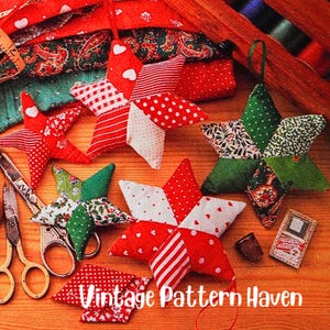 Vintage Patchwork Star Ornament Pattern – Whimsical DIY Festive Decor – Hand Sewn Scrap Fabric Stars – Eco Christmas Sewing PDF