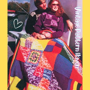 May include: A vibrant patchwork blanket featuring geometric designs in red, yellow, blue, purple, and orange. The blanket is draped over a couple. The text "Vintage Pattern Haven" is visible on the right side of the image.