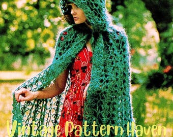 Vintage gehaakt capevestpatroon met capuchon – kanten wikkeljas jaren 1970, sprookjestruituniek, boho-victoriaanse kiel, pdf-haakpatroon