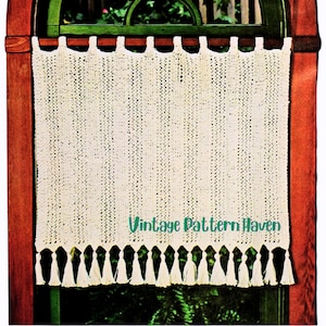 Patrón de cortina de punto bohemio (PDF): persiana de encaje de espiga con borlas, cenefa o cortina completa, decoración retro DIY para el hogar.
