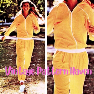 May include: A vintage sewing pattern for a yellow tracksuit with white piping. The pattern is for a hooded jacket and matching pants. The model is wearing the tracksuit and running.