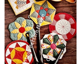 Vintage 1970er Jahre Patchwork Topflappen PDF Pattern - Traditionelle Motive, zum Quilten oder Topflappen verwenden, DIY Nähen, Bunt, einfach zu machen!