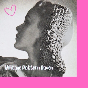 May include: Black and white vintage image of a woman in profile wearing a detailed head covering. The text "Vintage Pattern Haven" is visible at the bottom of the image. A pink heart is drawn in the upper left corner.