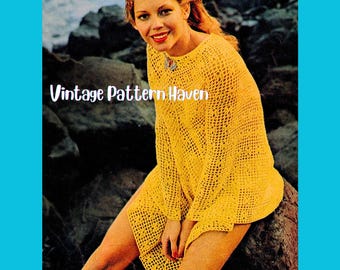 May include: A vintage image featuring a woman wearing a yellow crocheted top. The top has a loose, open weave design. The text "Vintage Pattern Haven" is visible in the image. The background shows rocks and the ocean.