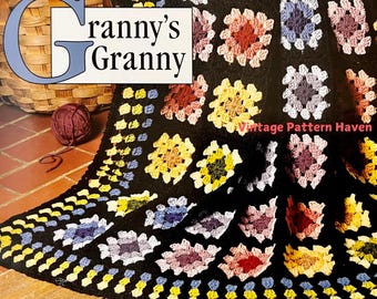 Vintage Granny Square Afghan Crochet Pattern - 1990s Floral Blanket, Colorful Retro Home Decor, Picnic Rug, Easy Beginner Crochet Project