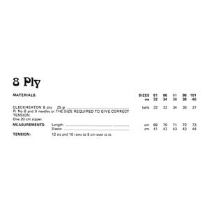 Puede incluir: Patr&oacute;n de tejido de punto para un su&eacute;ter usando hilo Cleckheaton 8 cabos. El patr&oacute;n incluye instrucciones para las tallas 81 pulgadas (32 ovillos), 86 pulgadas (33 ovillos), 91 pulgadas (34 ovillos), 96 pulgadas (35 ovillos) y 101 pulgadas (37 ovillos). El patr&oacute;n tambi&eacute;n incluye medidas de longitud y manga en pulgadas y cent&iacute;metros.