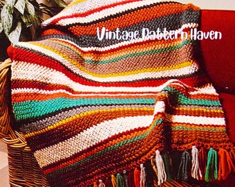 Schema per coperta a maglia grossa in PDF • Tutorial per maglia afghana vintage • Facile coperta intrecciata a canestro fai da te • Schema per coperta afghana a righe colorate
