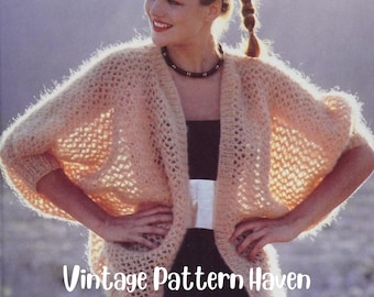 Patrón de tejido para chaqueta de encaje de mohair vintage: cárdigan retro con mangas de murciélago, patrón fácil de tejer, capa vaporosa de verano, prenda femenina de encaje (PDF)
