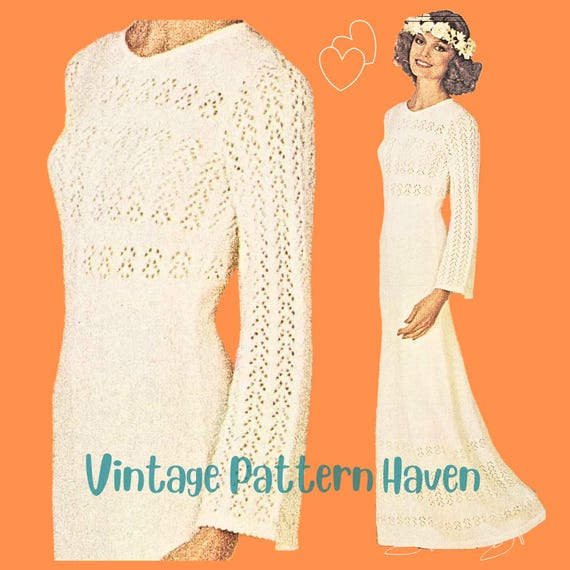 1970s Wedding Dress Knitting Pattern PDF, Lace Knit Bridal Gown, Boho Wedding Dress, Hand & Machine Knit, Vintage Style - Etsy 1970s Wedding Dress Knitting Pattern PDF, Lace Knit Bridal Gown, Boho Wedding Dress, Hand & Machine Knit, Vintage Style - Etsy