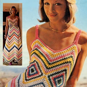 1970s Vintage Chevron Dress Crochet Pattern PDF – Long Flowing Zig Zag Summer Dress with Slimming Waist, 34-36” Bust, Lightweight Cotton