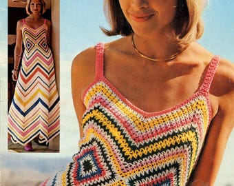 1970s Vintage Chevron Dress Crochet Pattern PDF – Long Flowing Zig Zag Summer Dress with Slimming Waist, 34-36” Bust, Lightweight Cotton