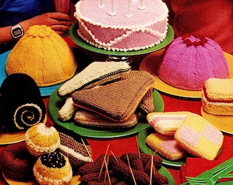 Vintage Knitted Tea Party Play Food Pattern – 1970s Pretend Play Set with Cakes, Sandwiches, Sausages, Jelly – Whimsical Gift Idea