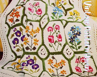 Vintage Crochet Flower Afghan Pattern PDF – Boho Floral Blanket, Colorful Sofa Throw, Bold 70s Home Decor DIY Crochet Pattern