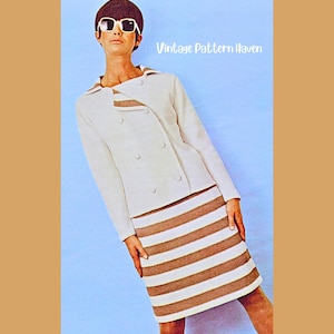 May include: A double-breasted off-white jacket with matching buttons and a collar, paired with a skirt featuring horizontal brown and white stripes. The text Vintage Pattern Haven is visible. The outfit is worn with white-framed sunglasses.