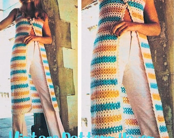 Boho Crochet Maxi Vest Pattern PDF – Vintage 70s Swimsuit Cover Up – Long Striped Summer Festival Vest – Retro Summer Party Poolside Look