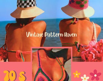 Puede incluir: Imagen que muestra a dos personas con sombreros y tops de bikini de ganchillo. Los sombreros tienen patrones de ganchillo coloridos. La imagen también incluye un primer plano de un top de bikini de ganchillo y el texto "Vintage Pattern Haven" y "70's".
