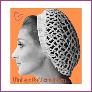 May include: A vintage crochet pattern for a lacy, white crocheted hat. The pattern is shown on a model with an orange background. The text "Vintage Pattern Haven" is at the bottom of the image.