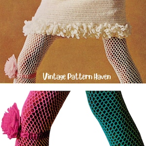 Puede incluir: Una falda de ganchillo blanca con un dobladillo de flecos texturizado, combinada con medias de red blancas, rosas y turquesas. Las medias blancas y rosas tienen una flor de tela decorativa. El texto Vintage Pattern Haven es visible.