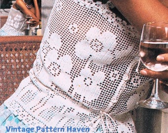 Vintage Filet Crochet Pattern – Elegant Lace Tank Top with Roses – Summer Cotton Camisole – PDF Pattern in 2 Sizes – DIY Crochet Top