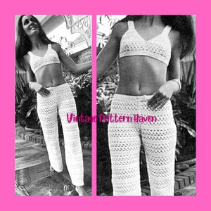 May include: A white two-piece crochet set consisting of a sleeveless V-neck crop top and matching long trousers with a repeating openwork pattern. The text Vintage Pattern Haven is overlaid in pink across the center of the image.