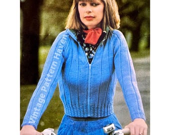 Patrón de cárdigan vintage de punto acanalado con cremallera. Chaqueta con cremallera de los años 70. Patrón retro original. Ideal para combinar con jeans acampanados. Descarga instantánea.