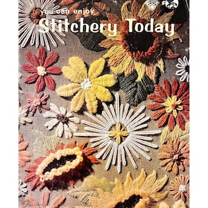 Vintage 70s Stitchery Today Pattern Book PDF - Retro Crewel Embroidery Projects, Floral Designs, Handbags, Home Decor, Basic Stitches