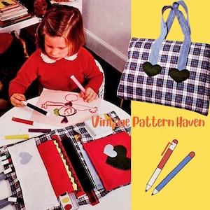 May include: A child in a red sweater draws with markers on paper. A plaid tote bag with denim handles and green heart accents is shown. A red and a blue pen are also shown. The text "Vintage Pattern Haven" is visible.